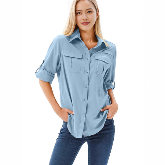 Damen lässige Bluse mit praktischen Taschen und umschlagbaren Ärmeln EB