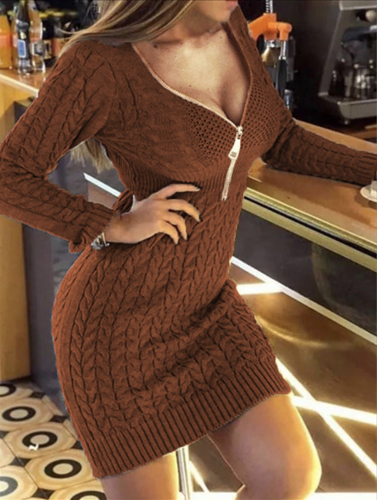 Damen Strickkleid mit hochwertigem Zipperdesign und strukturiertem Rautenmuster EB