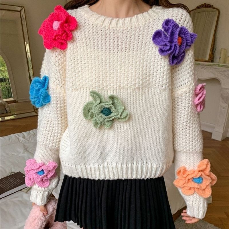 Damen Verspielter Strickpullover mit Blumenapplikationen EB