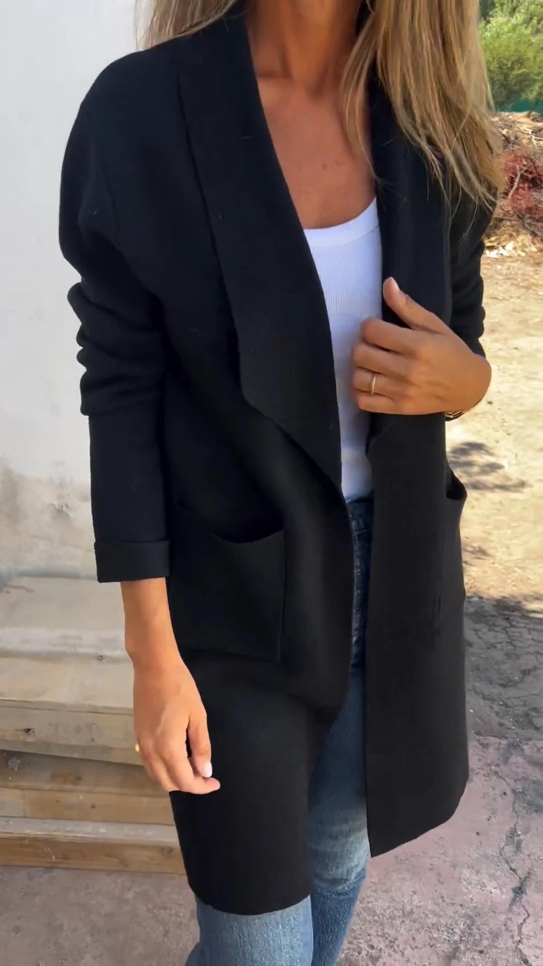 Damen Langer Strickcardigan mit offenen Kanten und Taschen EB