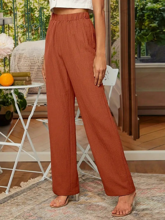 Damen Weite Leinenhose mit elastischem Bund und praktischen Taschen EB
