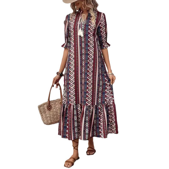 Damen Maxikleid mit grafischem Muster und detailreichen Volants EB