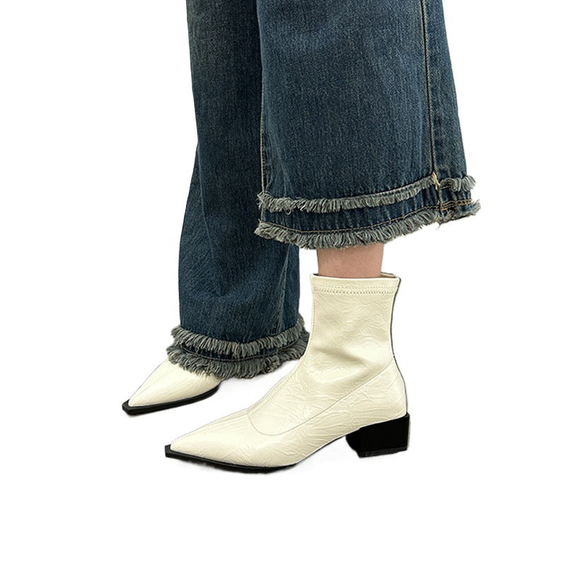 Damen elegante Stiefeletten mit spitzem Zehenbereich und Blockabsatz EB