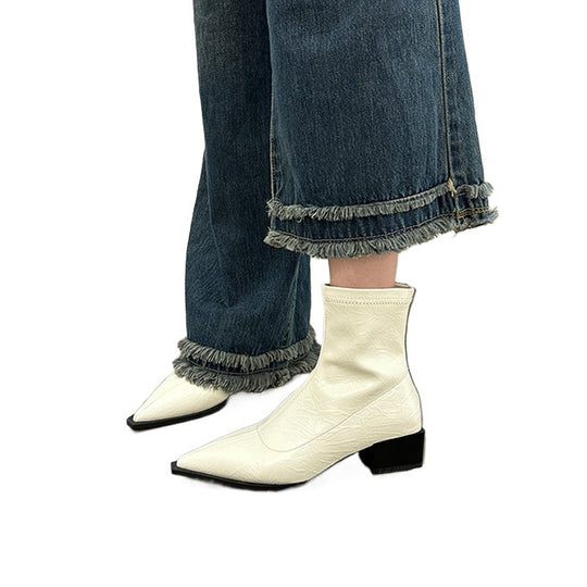 Damen elegante Stiefeletten mit spitzem Zehenbereich und Blockabsatz EB