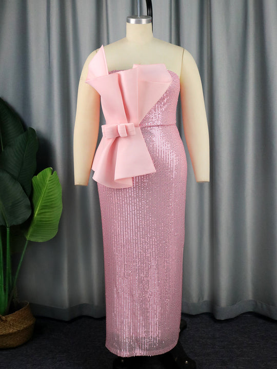Damen Glänzendes Abendkleid mit asymmetrischem Schnitt und voluminöser Schleifen-Applikation EB