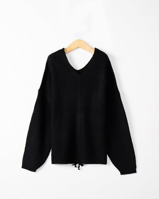 Damen Grobstrick Pullover mit attraktivem V-Ausschnitt und praktischen Kordeldetails EB