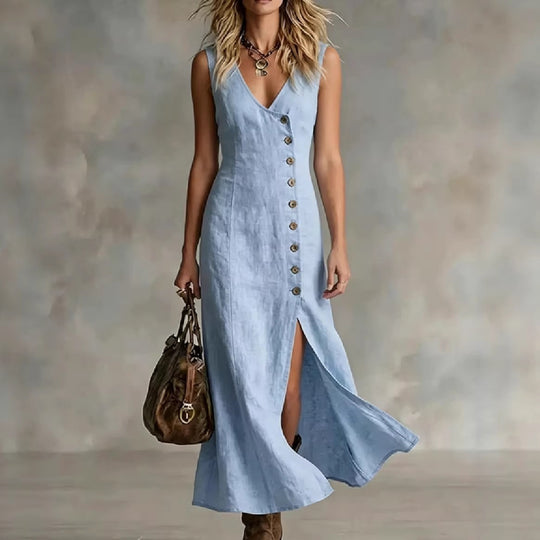 Damen Maxikleid mit elegantem V-Ausschnitt und seitlichem Schlitz EB