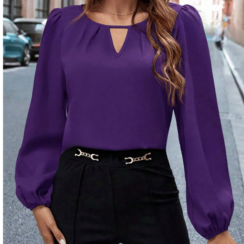 Damen elegante Bluse mit modischem Schlüsselausschnitt und raffinierten Puffärmeln EB