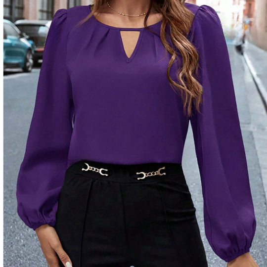 Damen elegante Bluse mit modischem Schlüsselausschnitt und raffinierten Puffärmeln EB