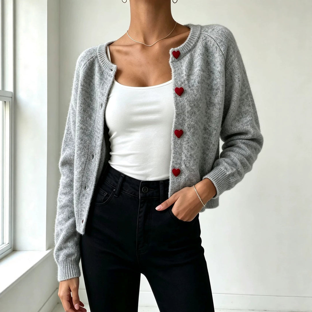 Damen Strickcardigan mit herzförmigen Zierknöpfen und weicher Mohair-Optik EB