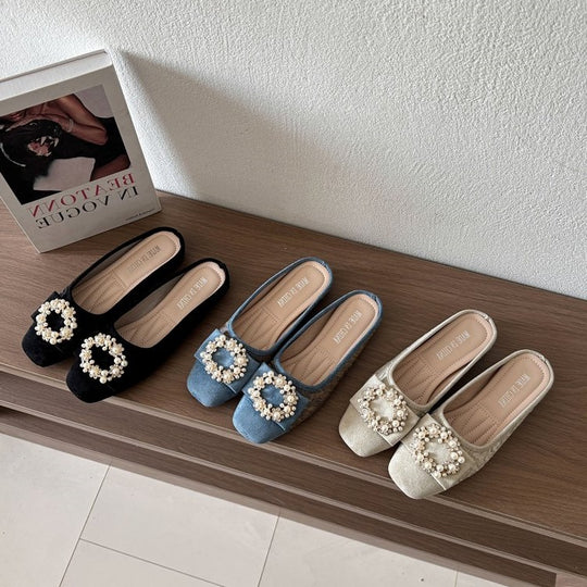 Damen elegante Mules mit funkelnder Perlenverzierung EB