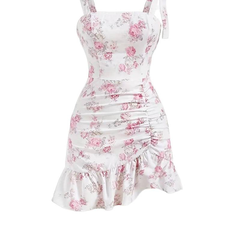 Damen Spaghettiträger Mini-Kleid mit floralem Design und Rüschensaum EB