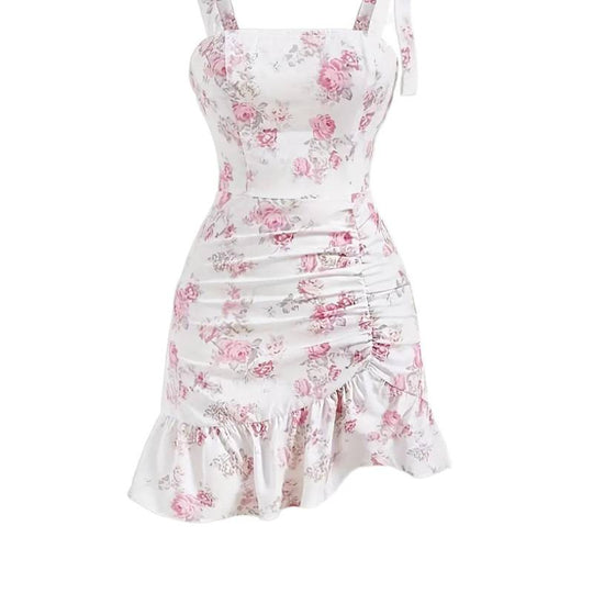 Damen Spaghettiträger Mini-Kleid mit floralem Design und Rüschensaum EB