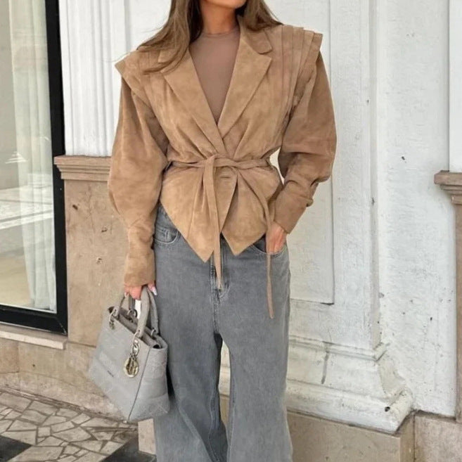 Damen Modische Wildlederjacke mit Taillengürtel EB