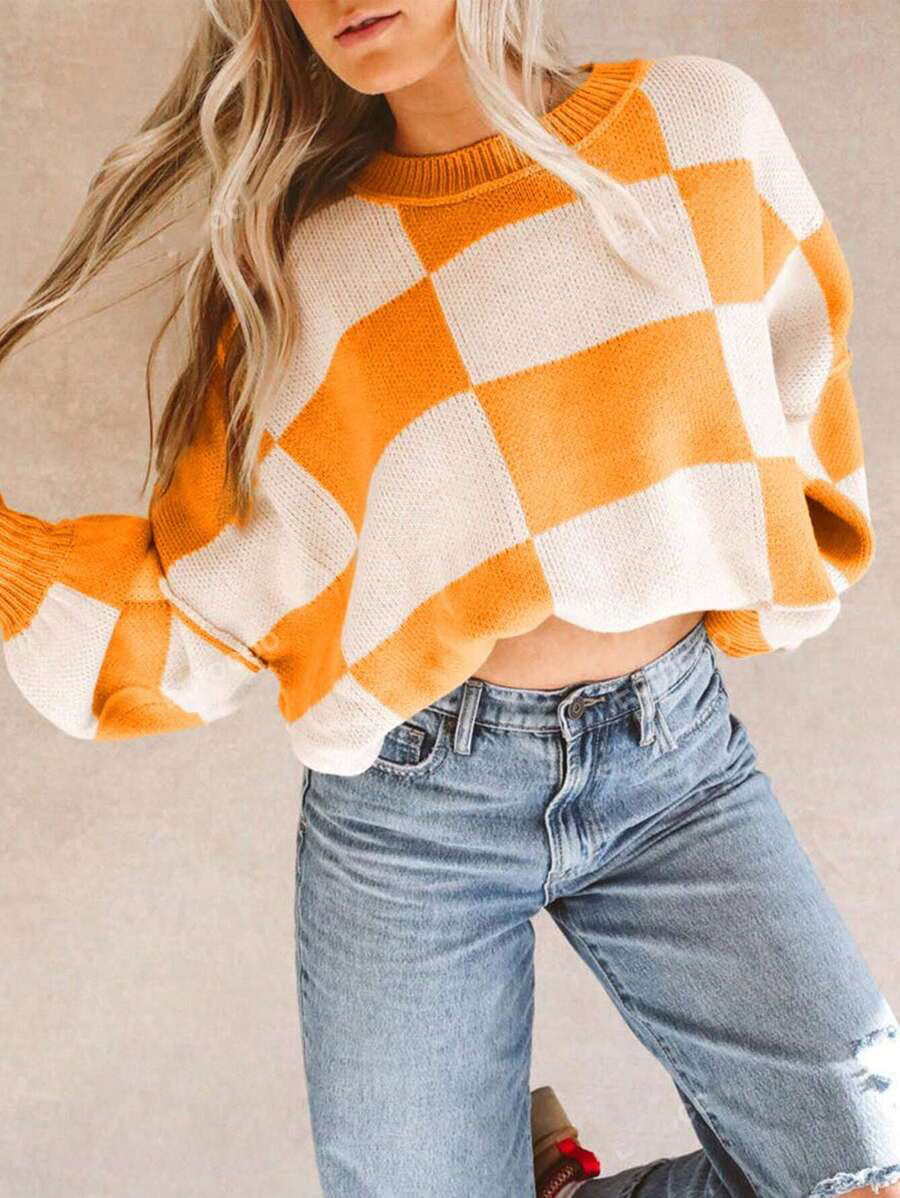 Damen lässiger kariert Pullover mit weiten Ärmeln und Rundhalsausschnitt EB