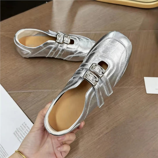 Damen modische Ballerinas mit floralem Design und glänzender Oberfläche EB