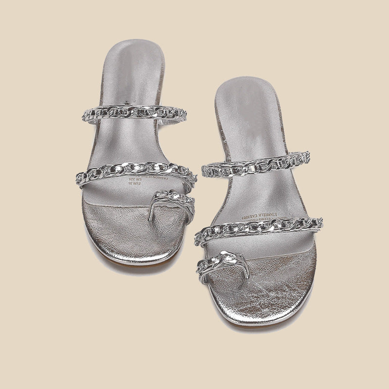 Damen Designer Zehensteg-Sandalen mit elegantem Kettenakzent EB