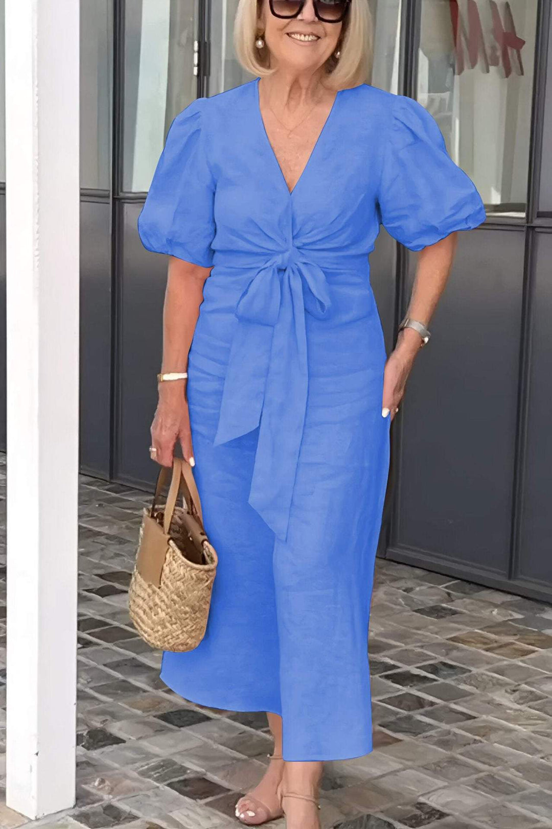 Damen Maxikleid mit eleganten Puffärmeln und Taillenknoten EB
