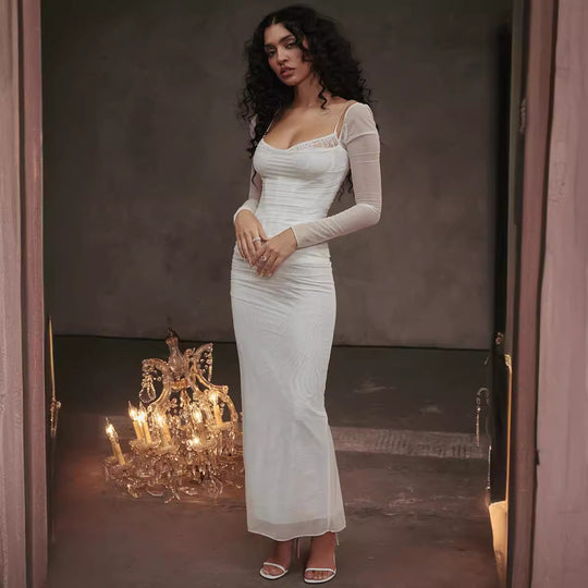 Damen Elegantes Maxikleid mit transparenten Ärmeln EB