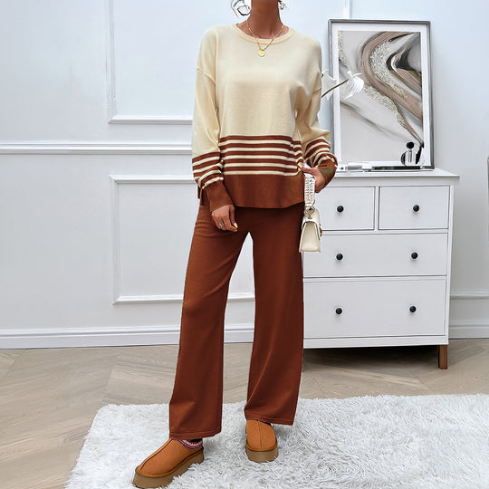 Damen nan lässiges Strick-Lounge-Set mit gestreiftem Rundhals-Pullover, Raglanärmeln und weiten taillenhohen Hosen EB