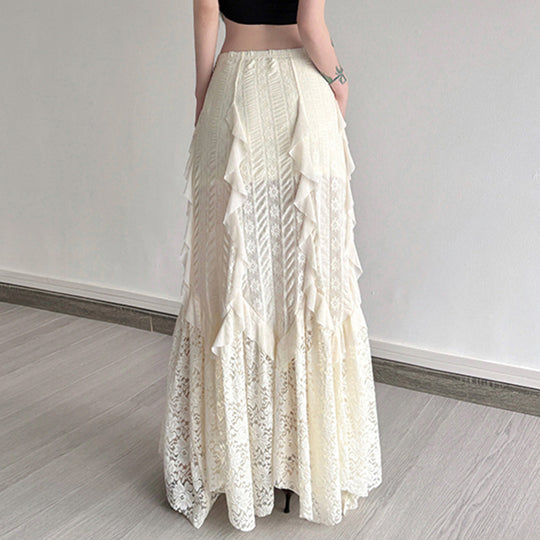 Damen eleganter Maxirock mit raffinierten Rüschen und Spitzenakzenten EB