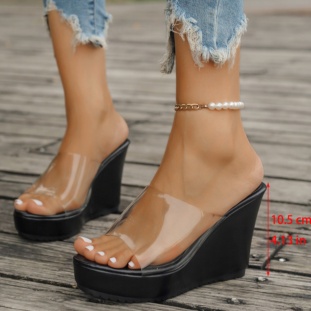 Damen nan transparente Mules mit PVC-Deckriemen, hohem Keilabsatz und rutschfester Laufsohle EB
