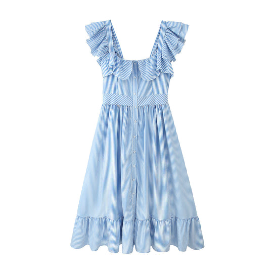 Damen Rüschensommerkleid mit Knopfdetails und weitem Rock EB
