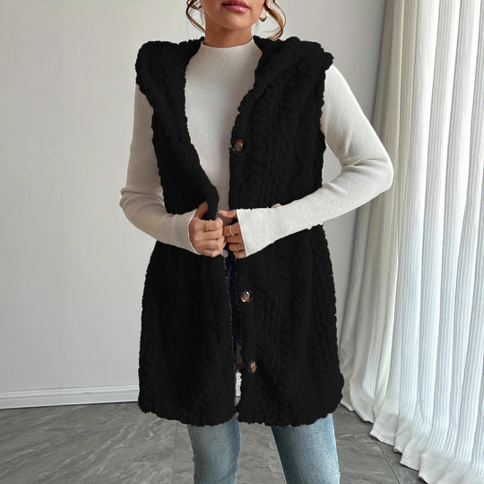 Damen Stylish gesteppte Weste mit Kapuze und Knopfverschluss EB