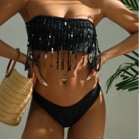 Damen Bandeau-Bikini mit glitzernden Quasten EB