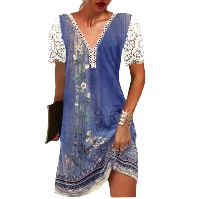 Damen Leichtes Sommerkleid mit Spitzenärmeln und floralem Design EB