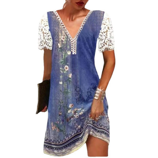 Damen Leichtes Sommerkleid mit Spitzenärmeln und floralem Design EB