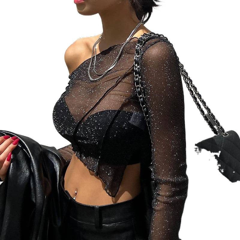 Damen Halbtransparente Bluse mit funkelnden Akzenten EB
