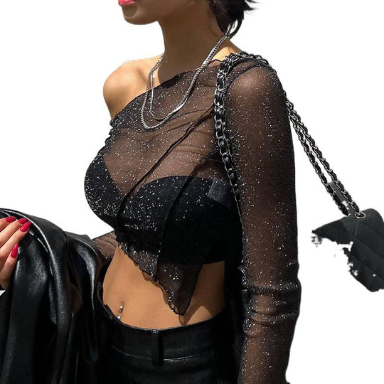 Damen Halbtransparente Bluse mit funkelnden Akzenten EB