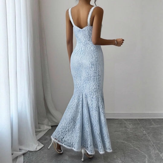 Damen Elegantes Spitzen-Midikleid mit verstellbaren Trägern und Schleifen-Detail EB