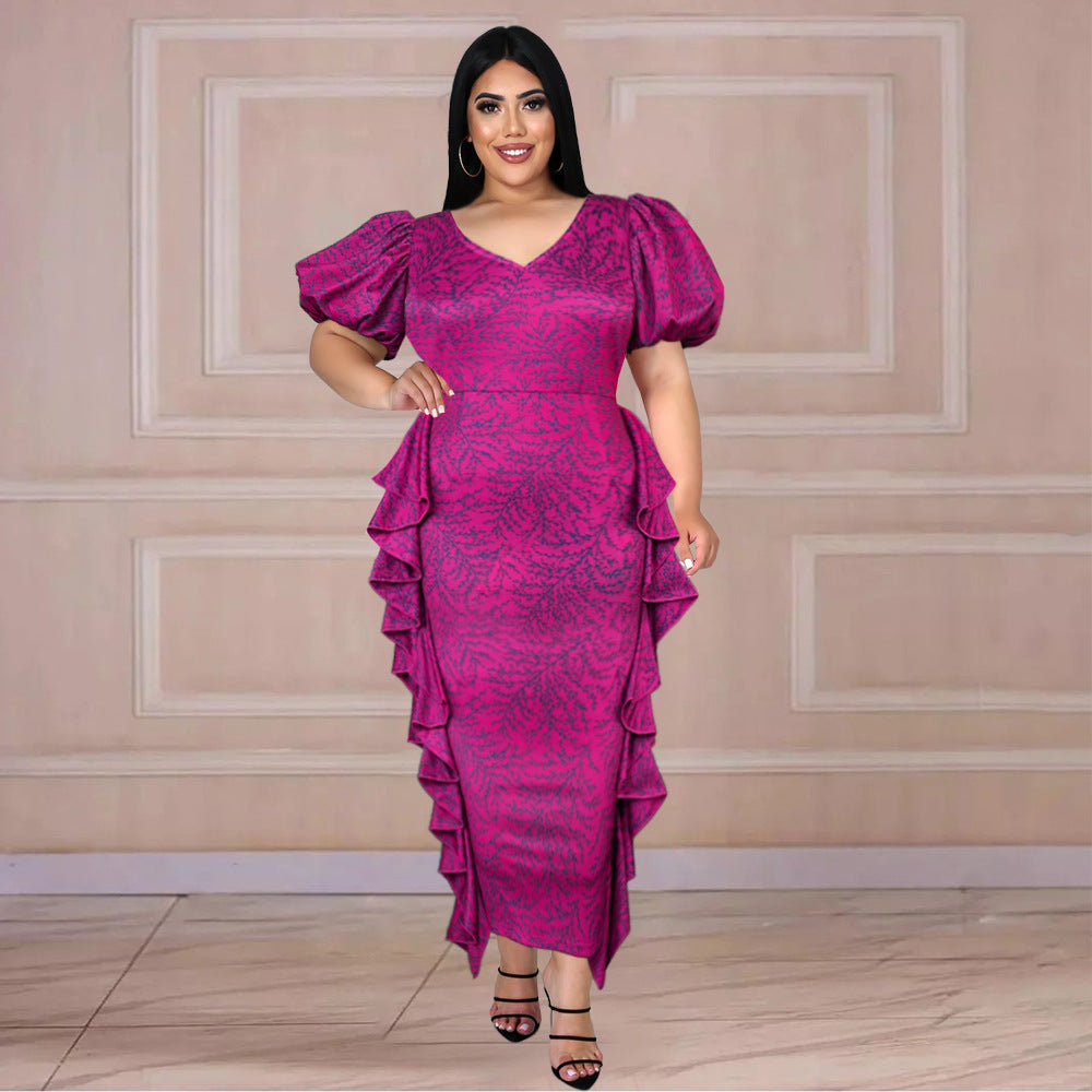 Damen Midi-Kleid mit voluminösen Puffärmeln und raffinierten Rüschendetails EB