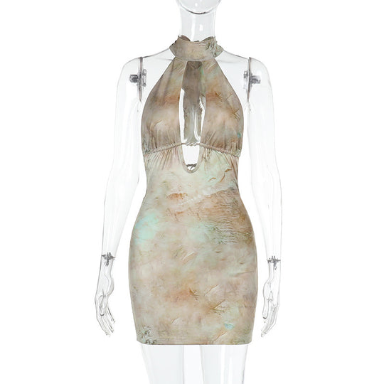 Damen Halterkleid mit tiefem V-Ausschnitt und transparenten Details EB