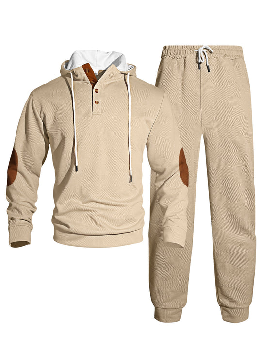 Herren nan Waffelstruktur Henley-Kapuzen-Set mit Holzknopfleiste Ellbogen-Patches und konischer Jogginghose EB