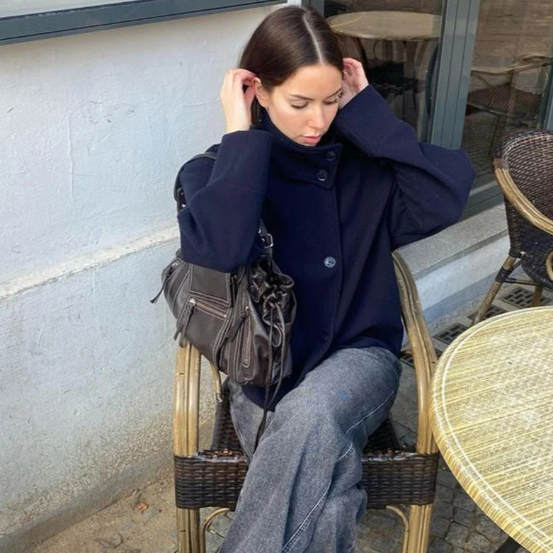 Damen modische Kurzjacke mit hohem Kragen und Knopfverschluss EB