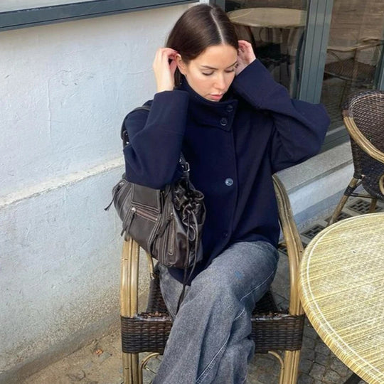 Damen modische Kurzjacke mit hohem Kragen und Knopfverschluss EB