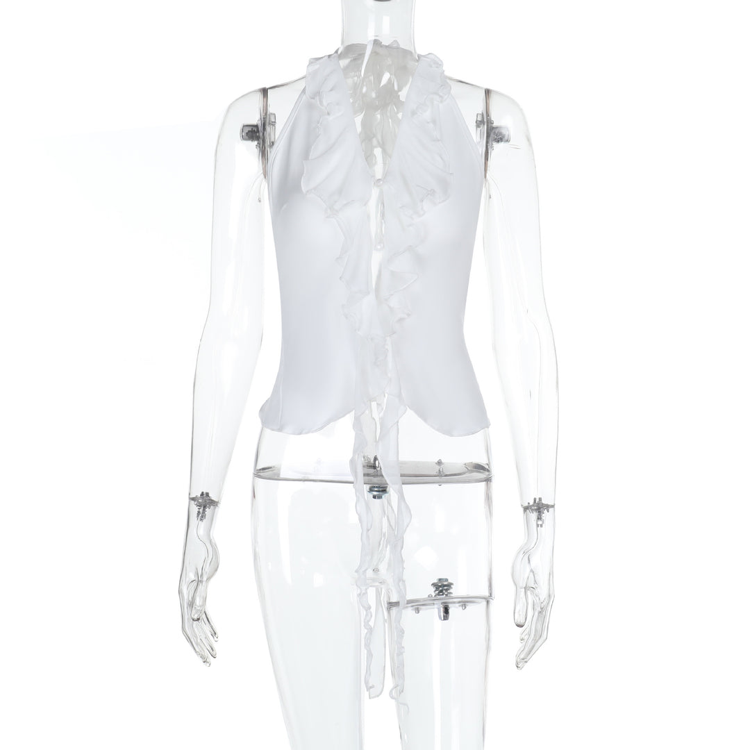 Damen Elegantes Rüschenoberteil mit tiefem V-Ausschnitt EB