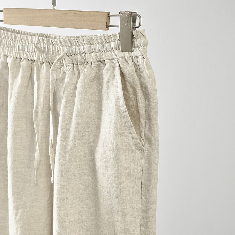 Damen lässige Leinenhose mit elastischem Bund und seitlichen Taschen EB