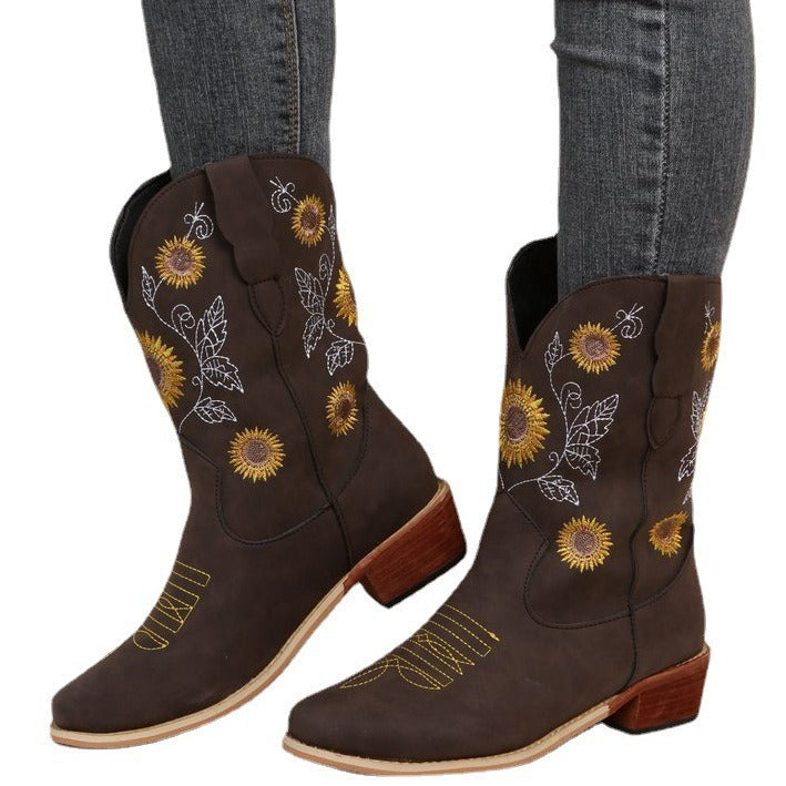 Damen Cowboy-Stiefel mit floralem Stickdesign und robustem Blockabsatz EB