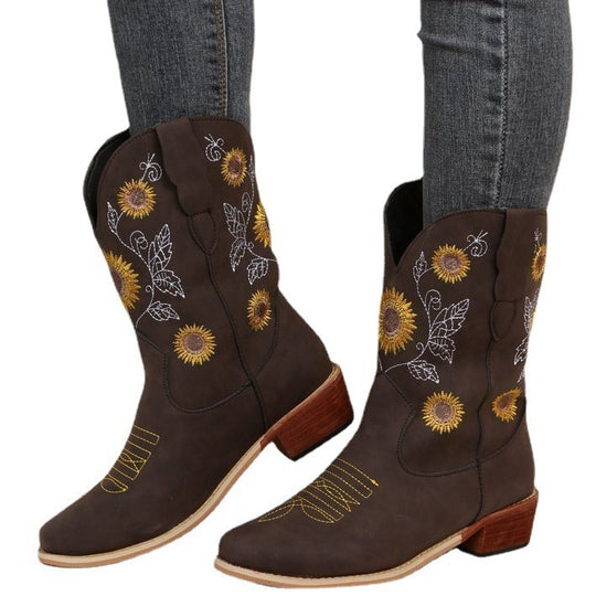 Damen Cowboy-Stiefel mit floralem Stickdesign und robustem Blockabsatz EB