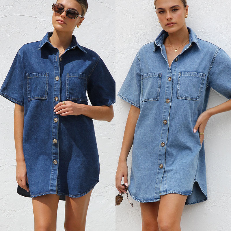 Damen Denim Hemdkleid mit kurzen Ärmeln und praktischen Taschen EB