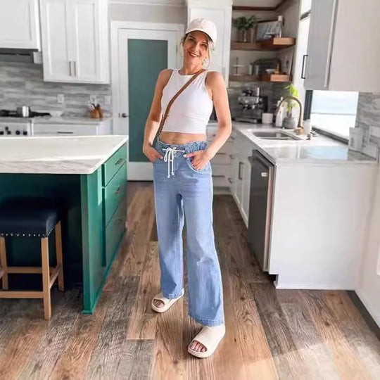 Damen nan hochgeschnittene Weitbein-Jeans mit Kordelbund und lässiger Culotte-Silhouette EB