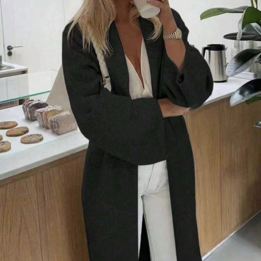 Damen Langer offener Strickmantel-Cardigan mit schulterfreiem Oversize-Schnitt und Kaschmir-Touch EB