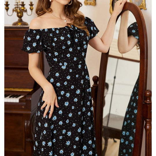 Damen Maxikleid mit voluminösen Rüschenärmeln und floralem Design EB