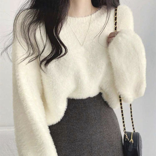 Damen Flauschiger Pullover mit weitem Schnitt und modischem Design EB