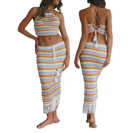 Damen gehäkeltes Bikini-Top und Maxirock Set EB