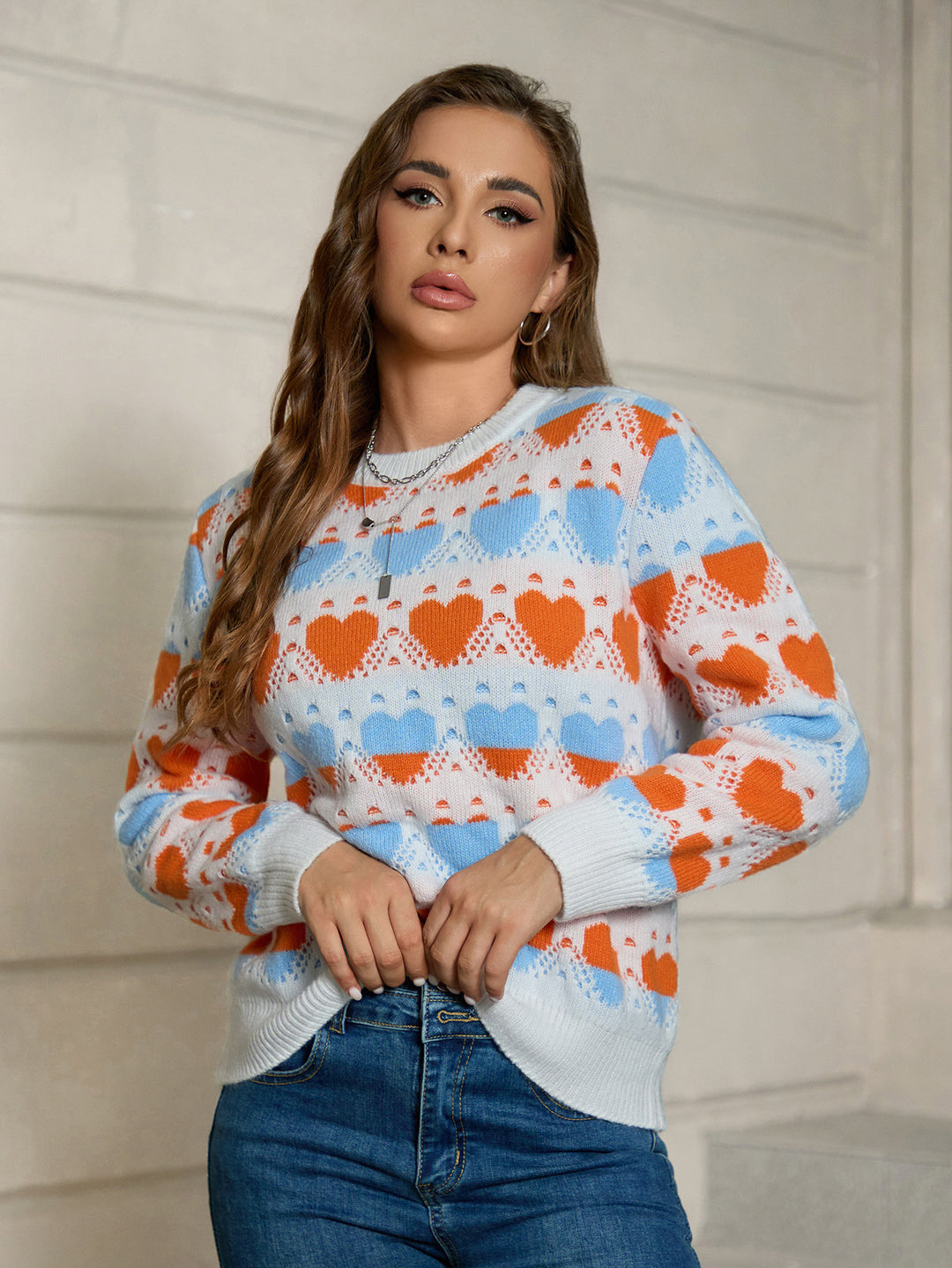 Damen Strickpullover mit Herzmuster und lockerer Passform EB